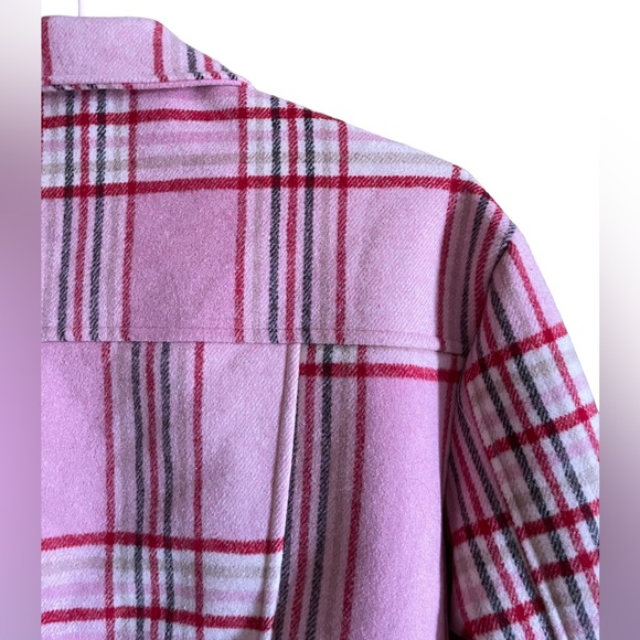 Bubble gum pink and red plaid button up coat with a faux fur lining - Picture 3 of 6